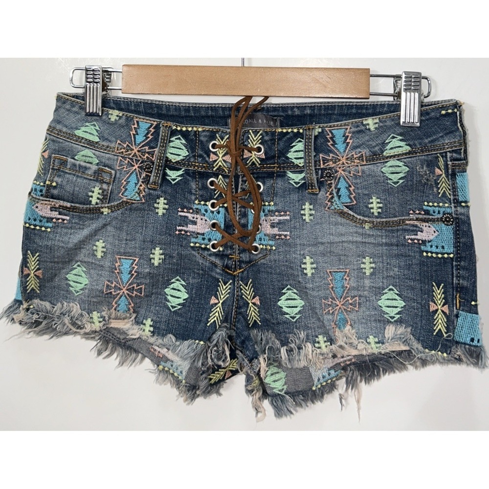 Kendall & Kylie Y2K Low Rise Embroidered Leather Lace Up Tribal Jean Shorts 5